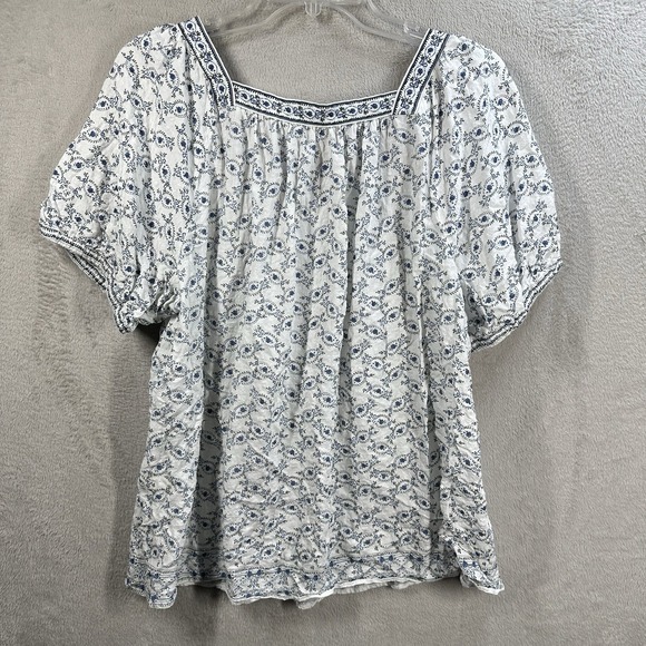 Max Studio Women's 1X Blue Ditsy Floral Peasant Top Boho Square Neck - Picture 7 of 8